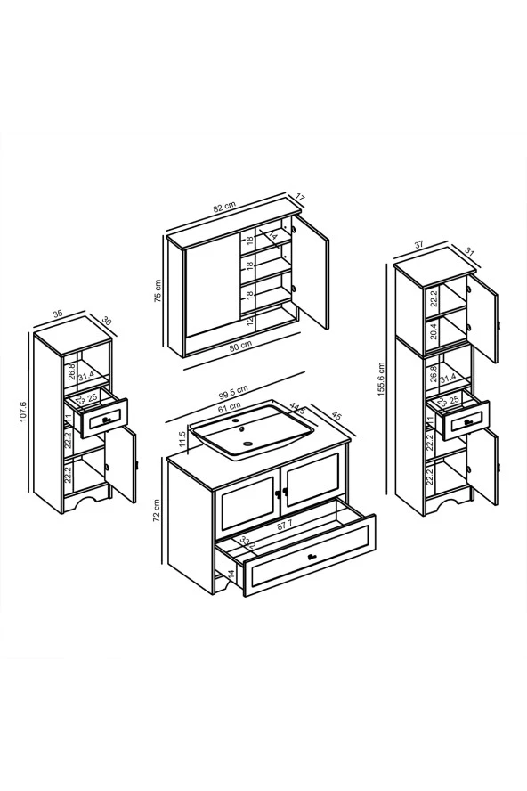 ROOMART Lavabolu Mat Beyaz Mdf 100 Cm Çekmeceli Banyo Dolabı + Aynalı Üst Dolabı + 2 adet Boy Dolabı - 2