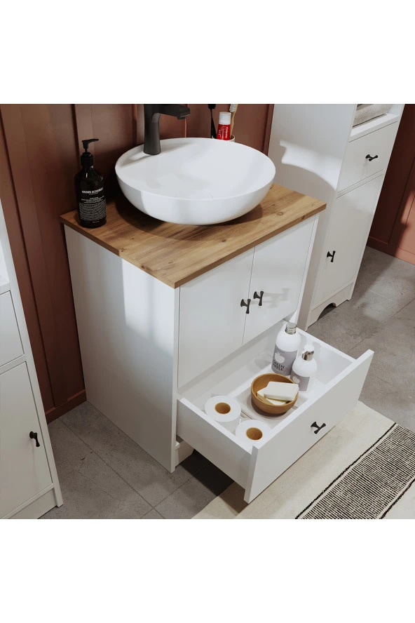 ROOMART Lavabolu Mat Beyaz Mdf 60 Cm Çekmeceli Banyo Dolabı + Aynalı Banyo Üst Dolabı + Boy Dolabı - 4