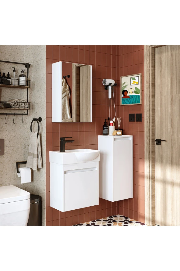 ROOMART Ayaksız Tek Kapaklı Sol Lavabolu 46 Cm Banyo Alt Dolabı + Aynalı Üst Dolabı + Banyo Boy Dolabı