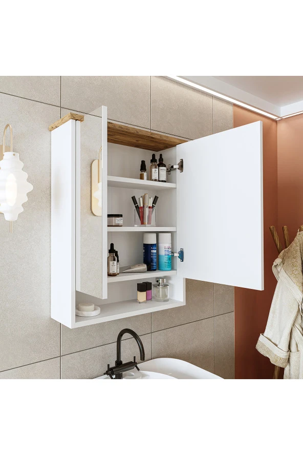 ROOMART Banos Banyo Kulpsuz 2 Kapaklı Mat Beyaz Mdf 62 Cm Aynalı Banyo Üst Dolabı - 6