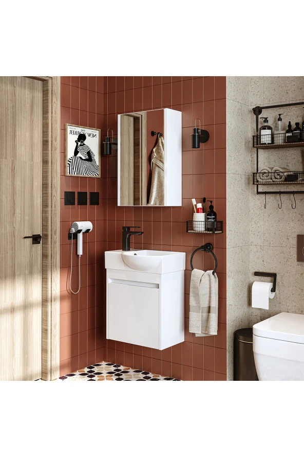 ROOMART Ayaksız Tek Kapaklı Sol Lavabolu 46 Cm Banyo Alt Dolabı + Aynalı Üst Dolabı