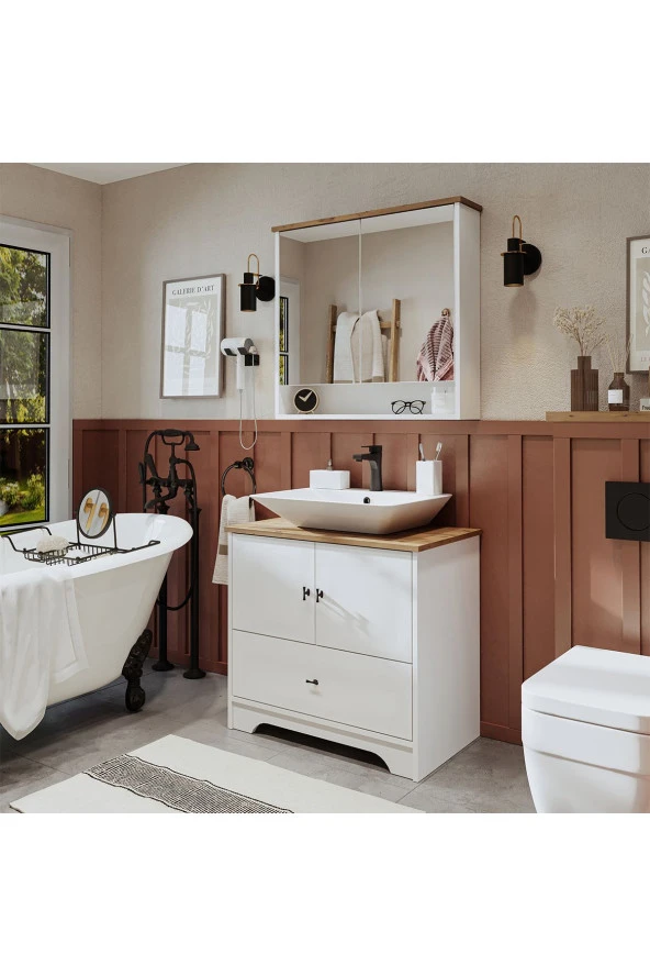 ROOMART Lavabolu Mat Beyaz Mdf 80 Cm Çekmeceli Banyo Dolabı + Aynalı Üst Dolabı - 5