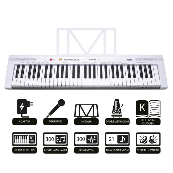 Jwin MK-6146 61 Tuşlu Elektronik Org (Etiket. Mikrofon ve Adaptör Hediye) - Beyaz