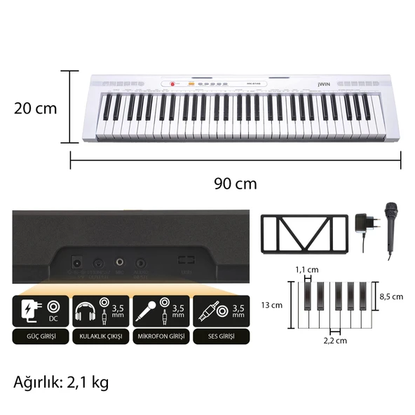 Jwin MK-6146 61 Tuşlu Elektronik Org (Etiket. Mikrofon ve Adaptör Hediye) - Beyaz - 2