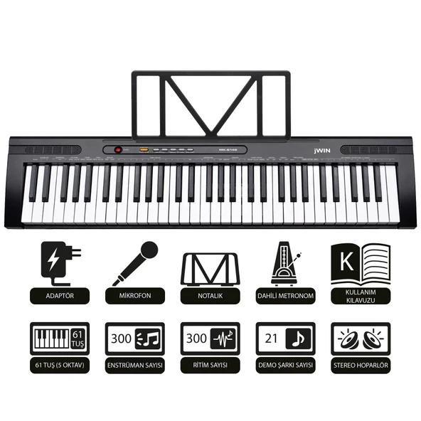 Jwin MK-6146 61 Tuşlu Elektronik Org (Etiket. Mikrofon ve Adaptör Hediye) - Siyah