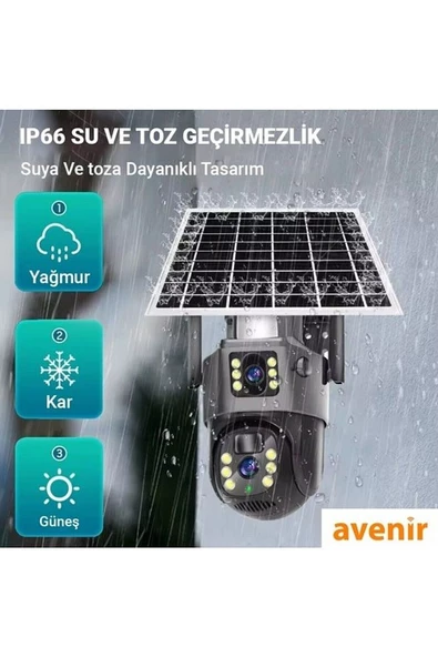 Avenir AV-M12 4g Sim Kartlı 4mp 2 Kameralı Solar Panelli Güneş Enerjili 360° Dönebilen Kamera Uyumlu