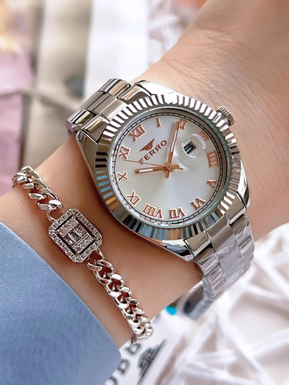 Ferro Gümüş Renk Takvimli Renk Kararmaz Renk Atmaz 3 Atm  Özel Tasarım Kadın Kol Saati EFL21295A ürün görseli