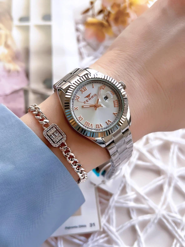 Ferro Gümüş Renk Takvimli Renk Kararmaz Renk Atmaz 3 Atm  Özel Tasarım Kadın Kol Saati EFL21295A - Resim 2