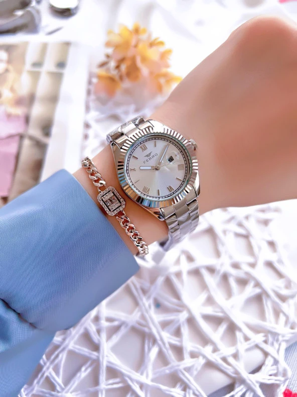 Ferro Gümüş Renk Takvimli Renk Kararmaz Renk Atmaz 3 Atm  Özel Tasarım Kadın Kol Saati EFL21127A - Resim 2