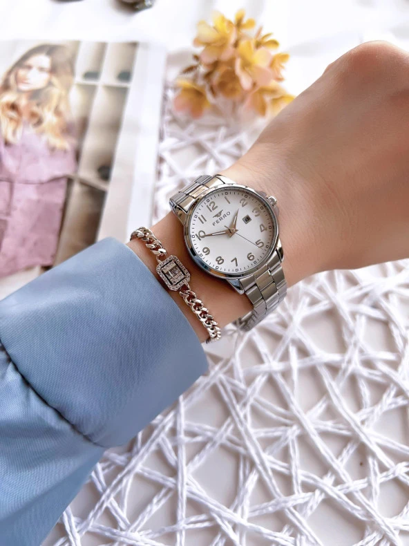 Ferro Gümüş Renk Takvimli Renk Kararmaz Renk Atmaz 3 Atm  Özel Tasarım Kadın Kol Saati EFL21393A - Resim 2