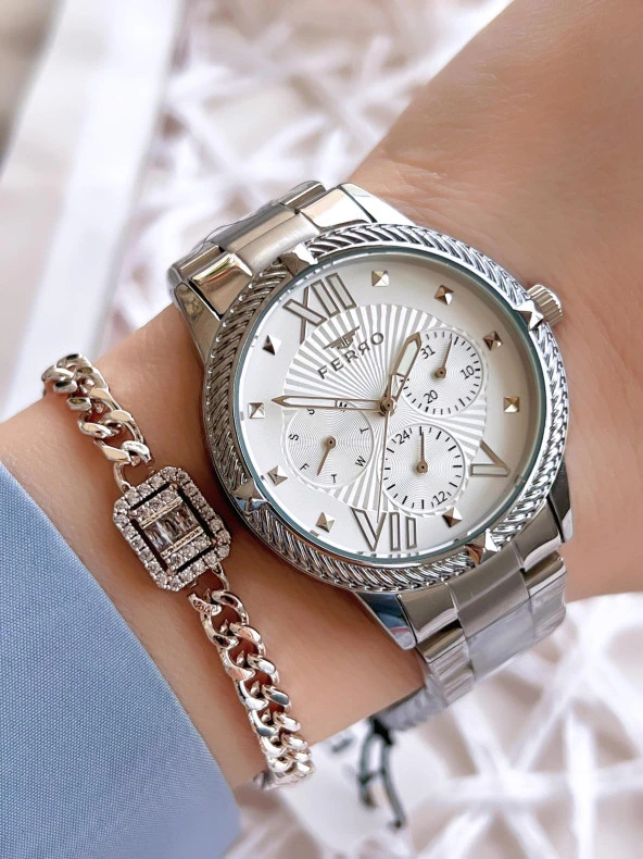 Ferro Gümüş Renk Takvimli Renk Kararmaz Renk Atmaz 3 Atm  Özel Tasarım Kadın Kol Saati EFL2112A ürün görseli