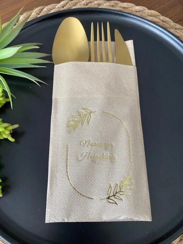 Gold Yaldızlı Kraft Çerçeveli Nişanımıza Hoşgeldiniz Cepli Peçete 12 Adet 40x40 ürün görseli 1