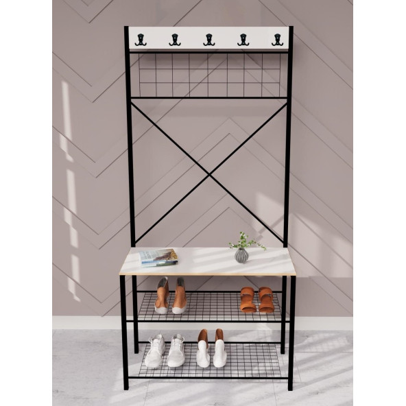 Eportatif Geniş Metal Portmanto, Elbise Askılığı, Vestiyer, Ayakkabılık Beyaz 1347 - 2