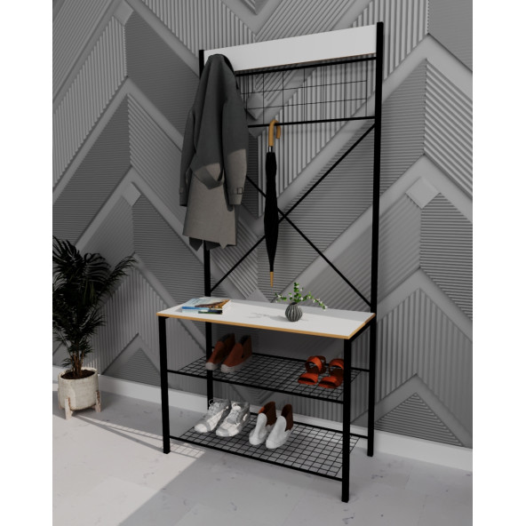 Eportatif Geniş Metal Portmanto, Elbise Askılığı, Vestiyer, Ayakkabılık Beyaz 1347 - 3