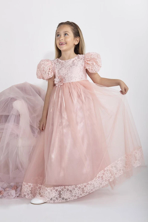 Minimony 5-9 Yaş Karpuz Kol Kız Çocuk Elbise Bayramlık Mezuniyet Balo Abiye Gelinlik 5001 - 5