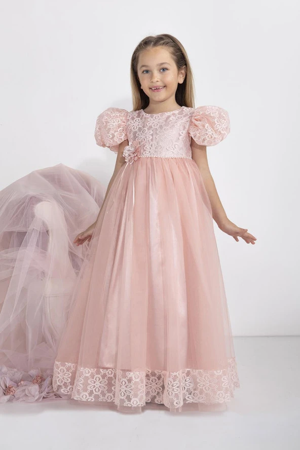 Minimony 5-9 Yaş Karpuz Kol Kız Çocuk Elbise Bayramlık Mezuniyet Balo Abiye Gelinlik 5001 - 6