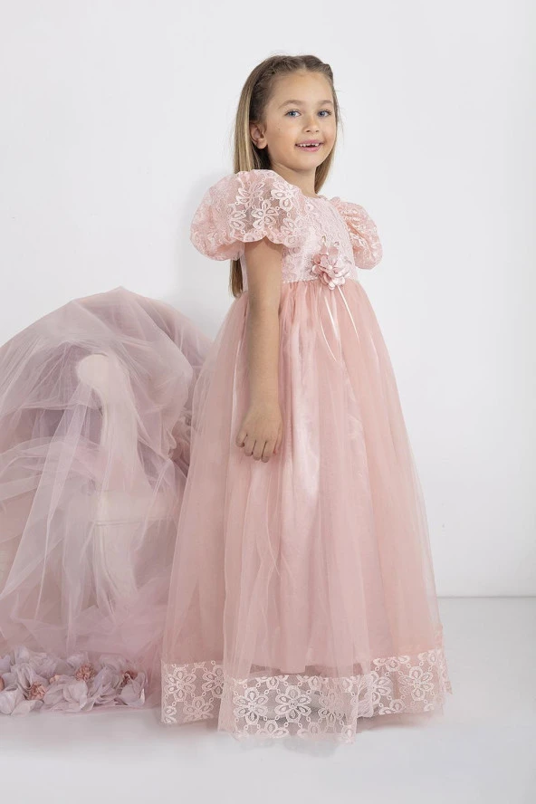 Minimony 5-9 Yaş Karpuz Kol Kız Çocuk Elbise Bayramlık Mezuniyet Balo Abiye Gelinlik 5001 - 7