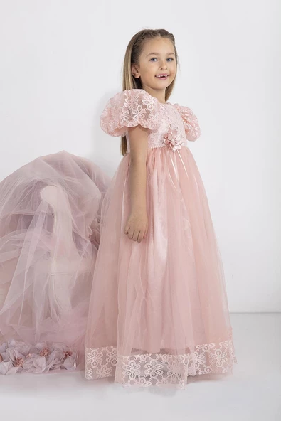 Minimony 5-9 Yaş Karpuz Kol Kız Çocuk Elbise Bayramlık Mezuniyet Balo Abiye Gelinlik 5001 - 7