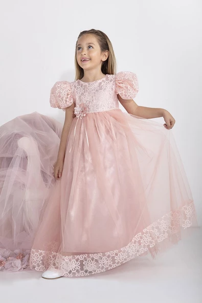 Minimony 5-9 Yaş Karpuz Kol Kız Çocuk Elbise Bayramlık Mezuniyet Balo Abiye Gelinlik 5001 - 5