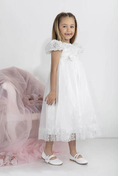 Minimony 5-9 Yaş Karpuz Kol Kız Çocuk Elbise Bayramlık Mezuniyet Balo Abiye Gelinlik 5001 - 4