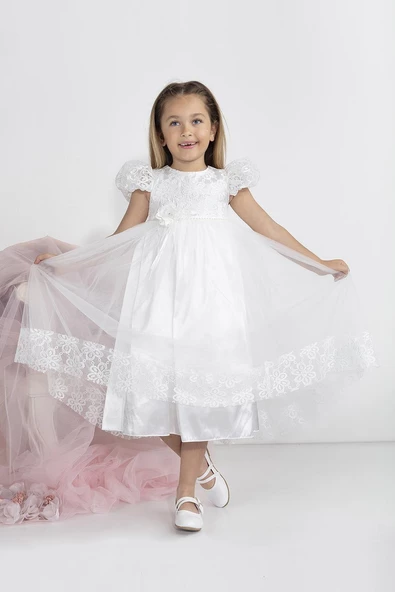 Minimony 5-9 Yaş Karpuz Kol Kız Çocuk Elbise Bayramlık Mezuniyet Balo Abiye Gelinlik 5001 - 2