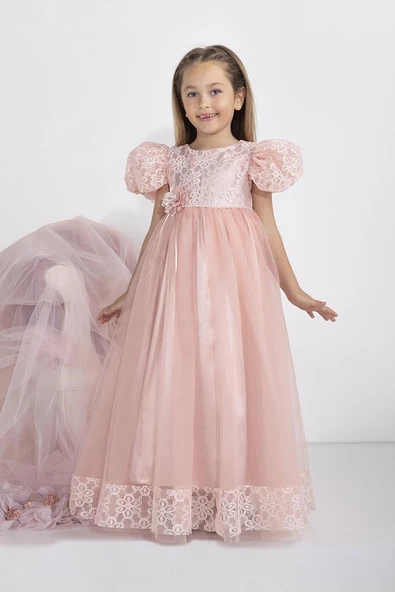 Minimony 5-9 Yaş Karpuz Kol Kız Çocuk Elbise Bayramlık Mezuniyet Balo Abiye Gelinlik 5001 - 6