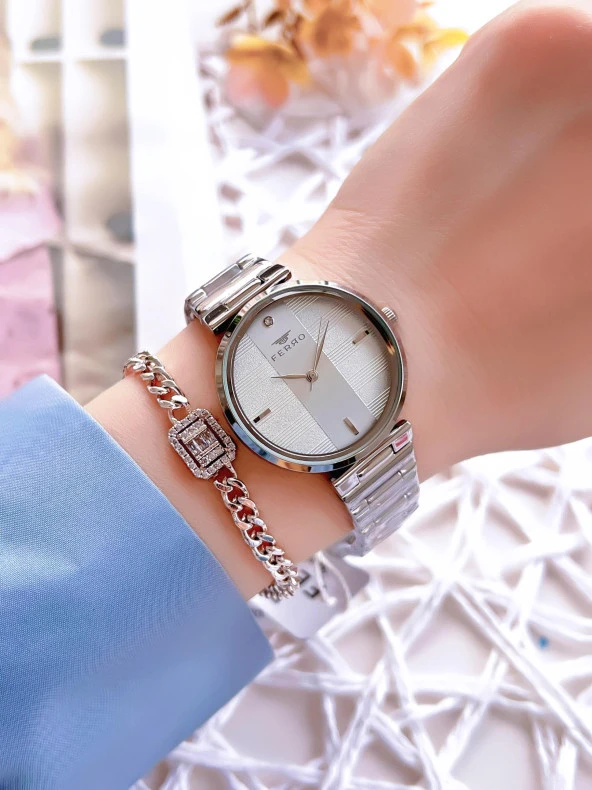 Ferro Gümüş Renk Kararmaz Renk Atmaz 3 Atm Su Geçirmez Özel Tasarım Kadın Kol Saati EFL21120A - Resim 2