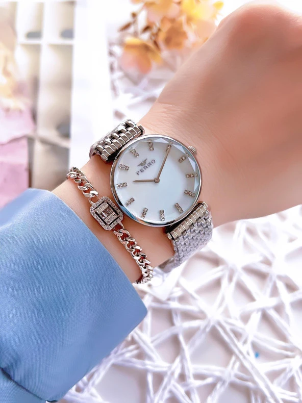 Ferro Gümüş Renk Kararmaz Renk Atmaz 3 Atm Su Geçirmez Özel Tasarım Kadın Kol Saati EFL21383A - 2