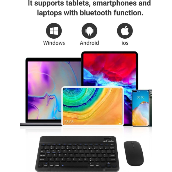 QASUL IPad Xiaomi Samsung Huawei Tablet Laptop Uyumlu Bluetooth Bağlantılı Klavye+Mouse Set - 4