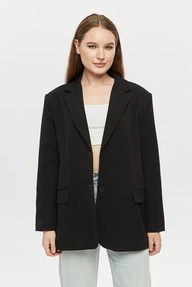 Siyah Oversize Dokuma Blazer Ceket - 9