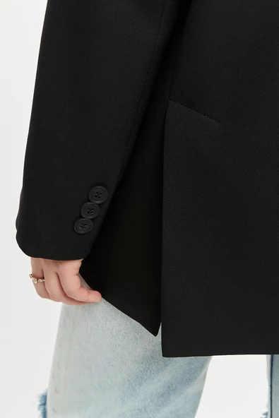 Siyah Oversize Dokuma Blazer Ceket - 8