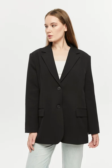 Siyah Oversize Dokuma Blazer Ceket - 5