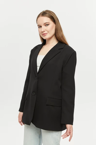 Siyah Oversize Dokuma Blazer Ceket - 6