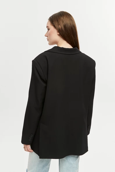 Siyah Oversize Dokuma Blazer Ceket - 7