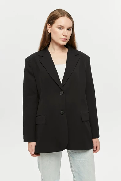 Siyah Oversize Dokuma Blazer Ceket - 4