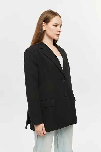 Siyah Oversize Dokuma Blazer Ceket - 3