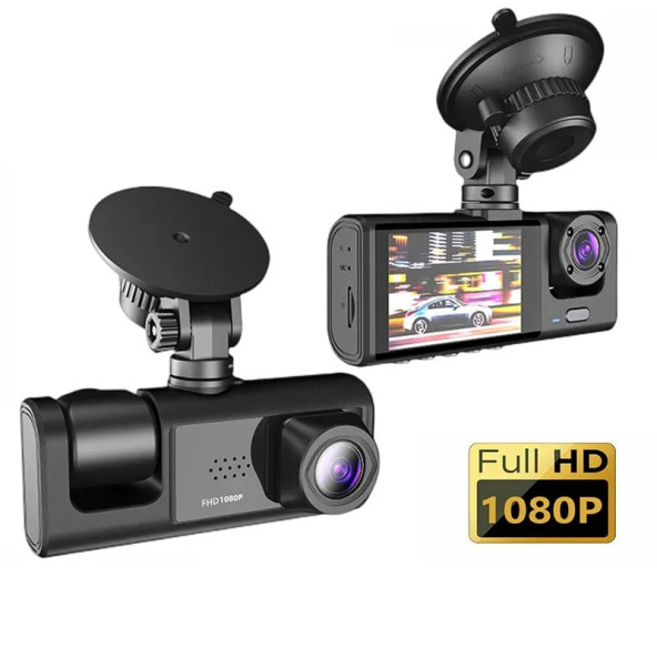 DV300 Yeni 3 Kameralı Araç İçi Kayıt Kamerası Trafik Recorder 2 İnç IPS Ekran Full HD 1080p ( Siyah )