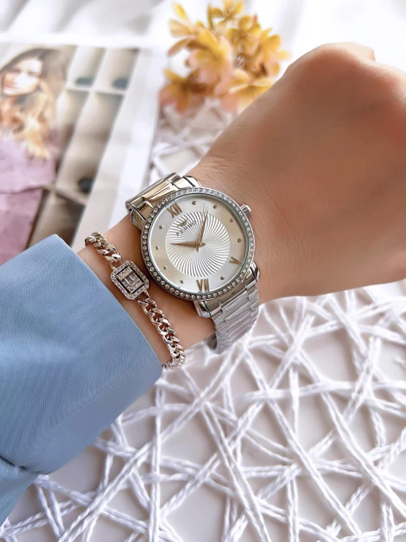 Ferro Gümüş Renk Kararmaz Renk Atmaz 3 Atm Su Geçirmez Özel Tasarım Kadın Kol Saati EFL21261A - Resim 2