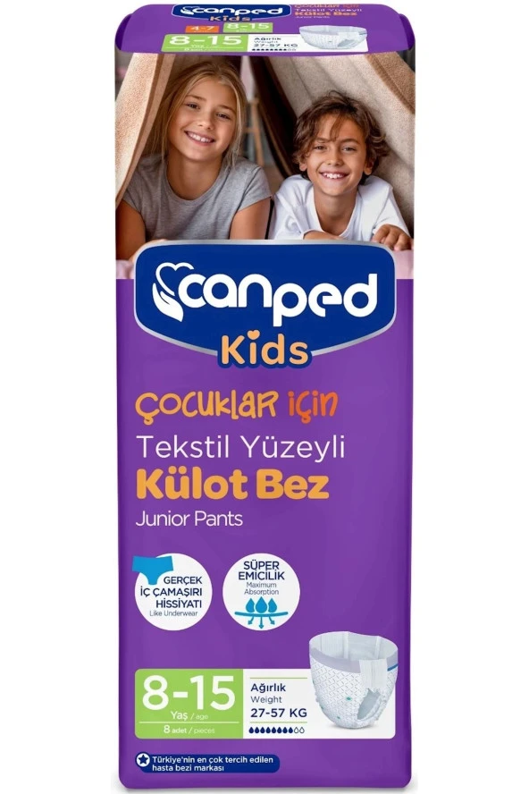 Canped Kids Çoçuklar Için Külot Bez Tekstil Yüzeyli Yaş:8-15 (27-57Kg) 96 Adet (12Pk X 8)