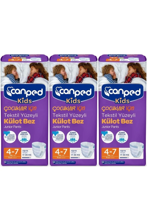 CANPED Kids Çoçuklar Için Külot Bez Tekstil Yüzeyli Yaş:4-7 (17-30Kg) 27 Adet (3Pk*9)