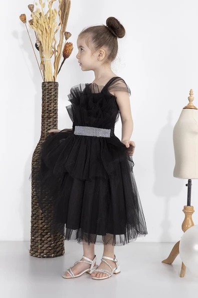 Minimony 1-5 Yaş Wednesday Dress Parti Kostümü Black Swan Katlı Tül Detay Kız Bebek Çocuk Siyah Abiye Elbise 2020 - Resim 3