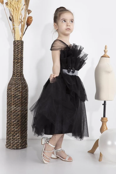 Minimony 1-5 Yaş Wednesday Dress Parti Kostümü Black Swan Katlı Tül Detay Kız Bebek Çocuk Siyah Abiye Elbise 2020 - Resim 2