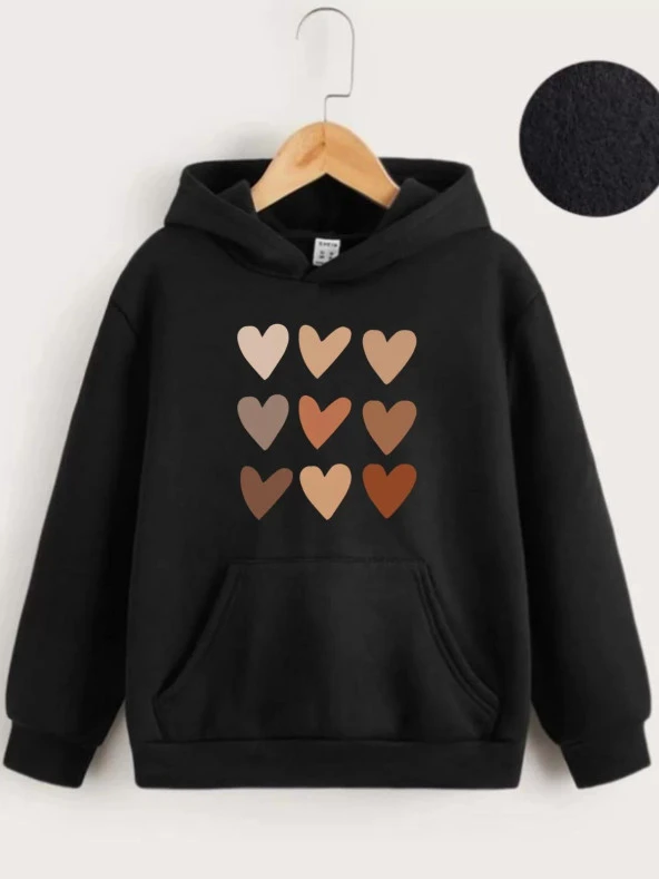 Gucso Çocuk Unisex Kapüşonlu Mini Kalpli Baskılı Sweatshirt - Siyah, Baskılı, Kalp