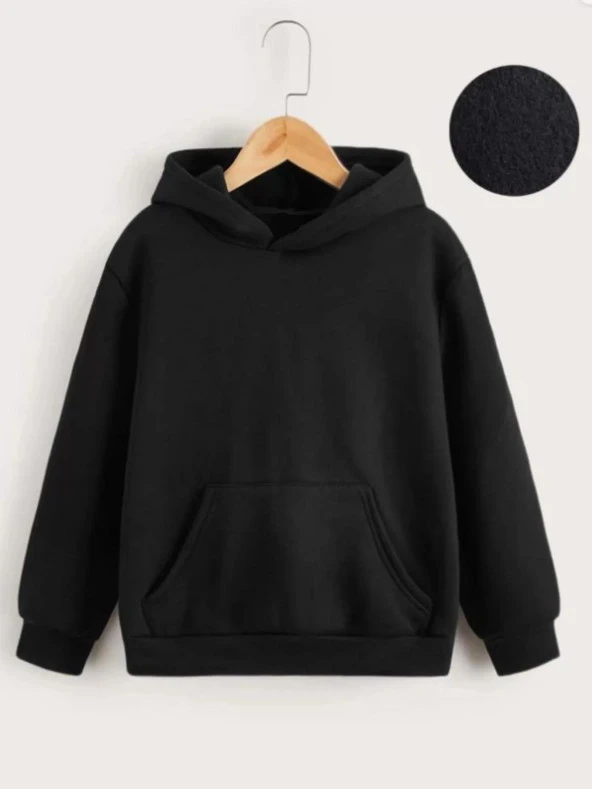 Gucso Çocuk Unisex Kapüşonlu Düz Sweatshirt - Siyah, Sweat, Baskısız