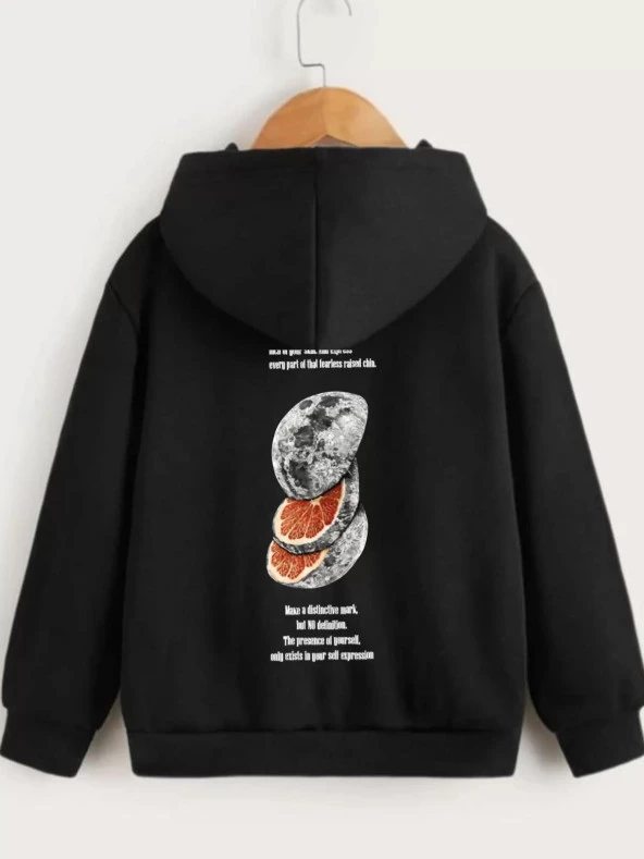 Gucso Çocuk Unisex Kapüşonlu Ön ve Arka Moon Special Baskılı Sweatshirt - Siyah, Baskı, Sweat, Moon