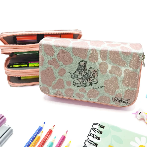 Simli Işıltılı inek Kalem Kutusu Vegan Deri Kalemkutu Üç Bölmeli Kalemlik - Nude (Pudra) ürün görseli