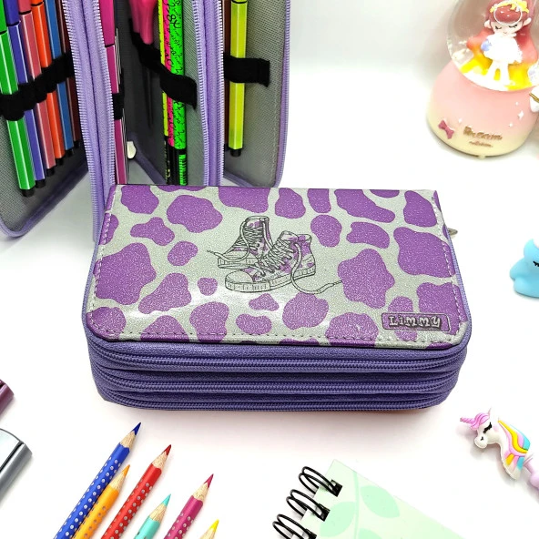 Simli Işıltılı inek Kalem Kutusu Vegan Deri Kalemkutu Üç Bölmeli Kalemlik - Mor - Resim 4