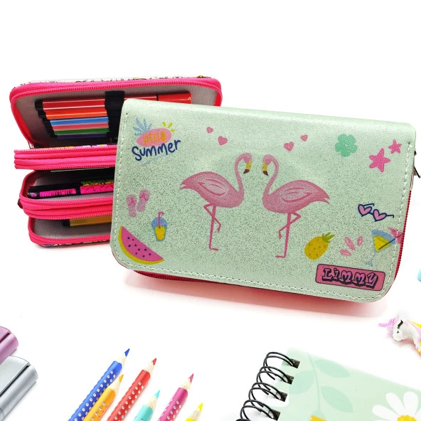 Simli Işıltılı Kuğu Flamingo Kalem Kutusu Vegan Deri Kalemkutu Üç Bölmeli Kalemlik - Pembe