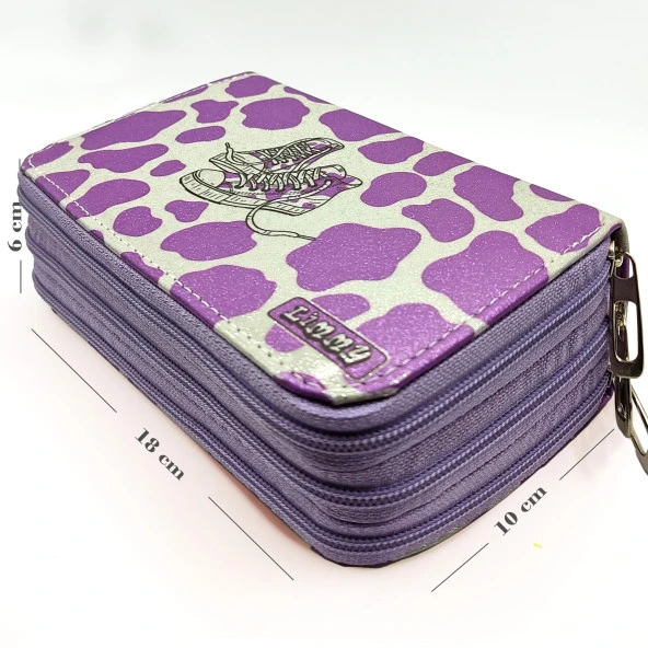 Simli Işıltılı inek Kalem Kutusu Vegan Deri Kalemkutu Üç Bölmeli Kalemlik - Mor - Resim 5