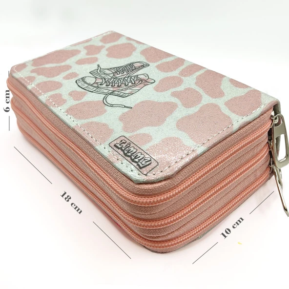 Simli Işıltılı inek Kalem Kutusu Vegan Deri Kalemkutu Üç Bölmeli Kalemlik - Nude (Pudra) - Resim 5